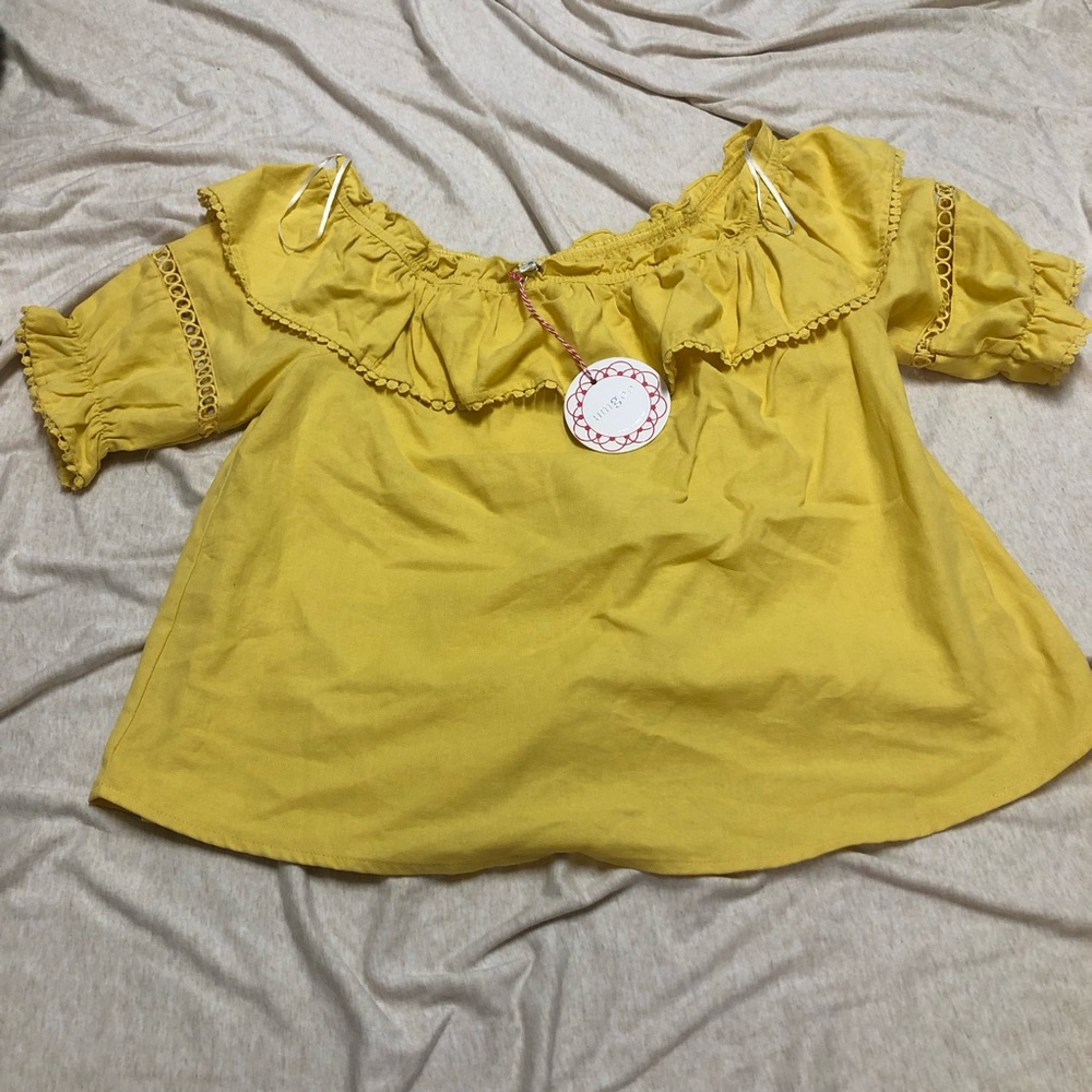 NWT Umgee Yellow Ruffle Off Shoulder Top Boho Peasant Lace Ruffle 100% Cotton
